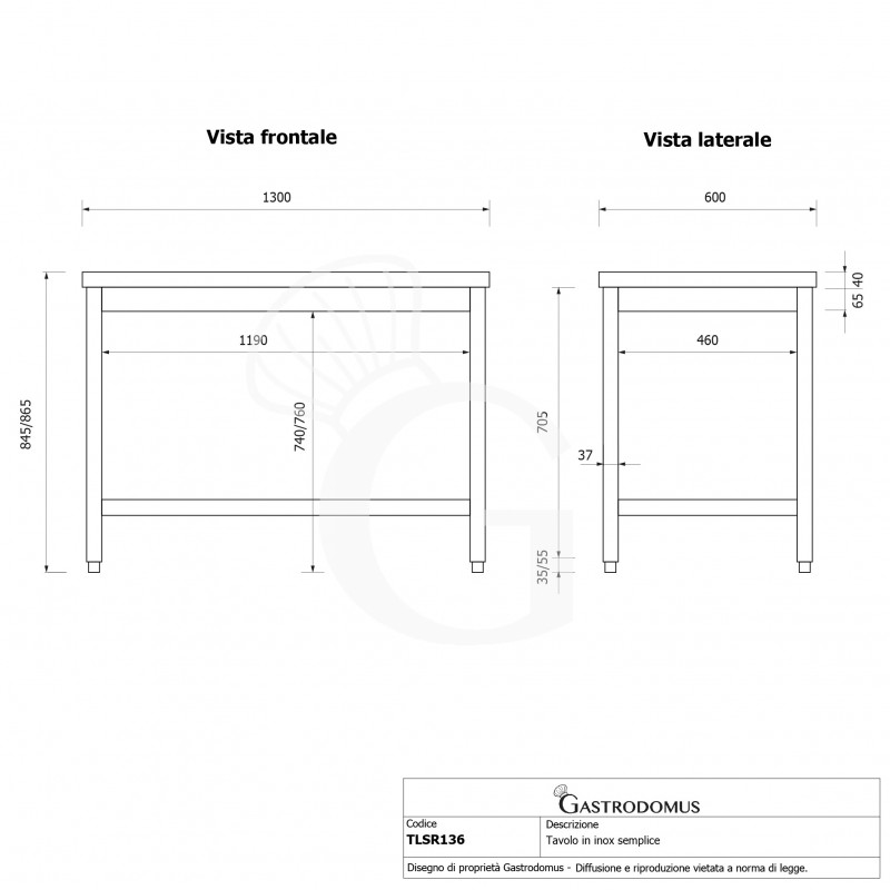 Tavolo inox L 1300 mm x P 600 mm x H 865 mm