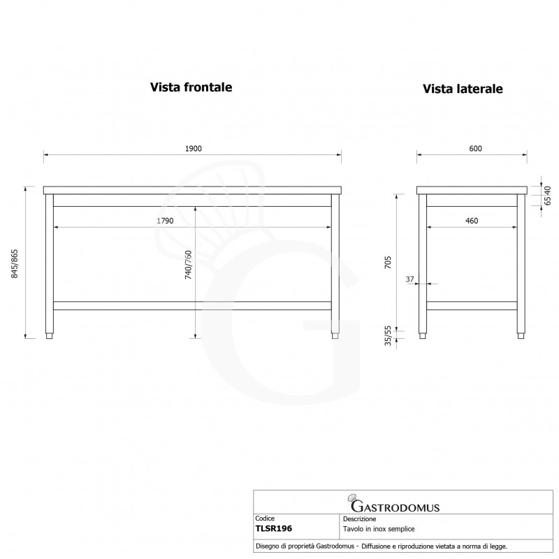 Tavolo inox L 1900 mm x P 600 mm x H 865 mm