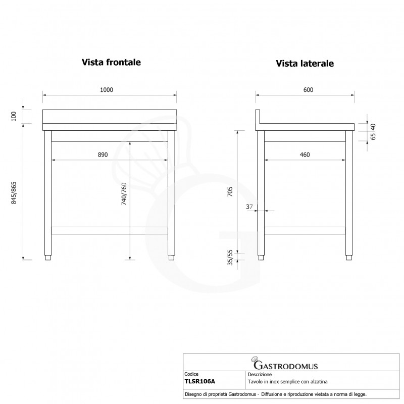 Tavolo inox con alzatina L 1000 mm x P 600 mm x H 965 mm