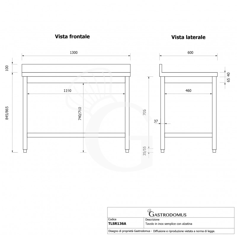 Tavolo inox con alzatina L 1300 mm x P 600 mm x H 965 mm