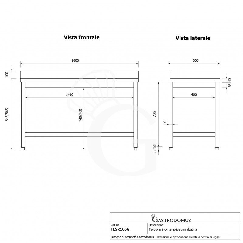 Tavolo inox con alzatina L 1600 mm x P 600 mm x H 965 mm