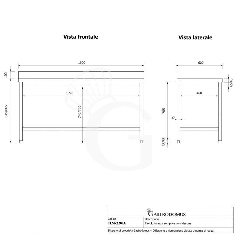 Tavolo inox con alzatina L 1900 mm x P 600 mm x H 965 mm