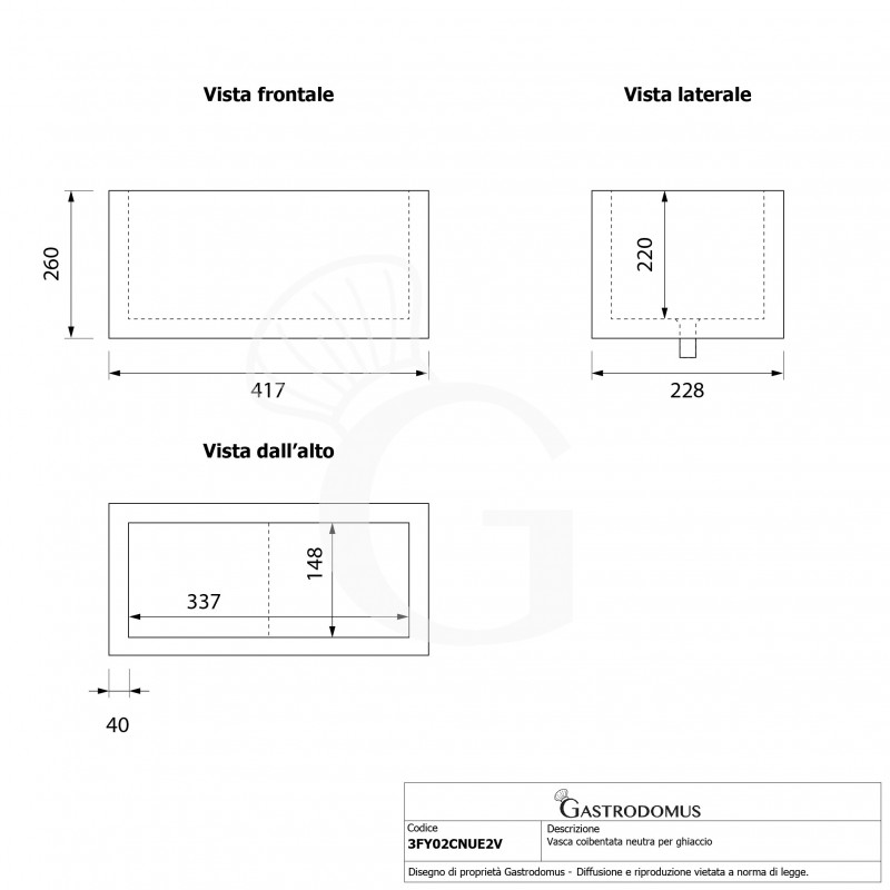 Vasca coibentata neutra per ghiaccio - L 228 x P 417 x H 260 mm