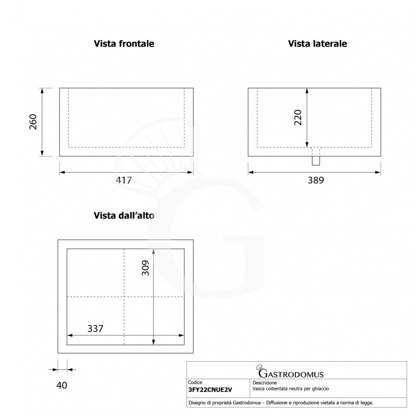 Vasca coibentata neutra per ghiaccio - L 389 x P 417 x H 260 mm