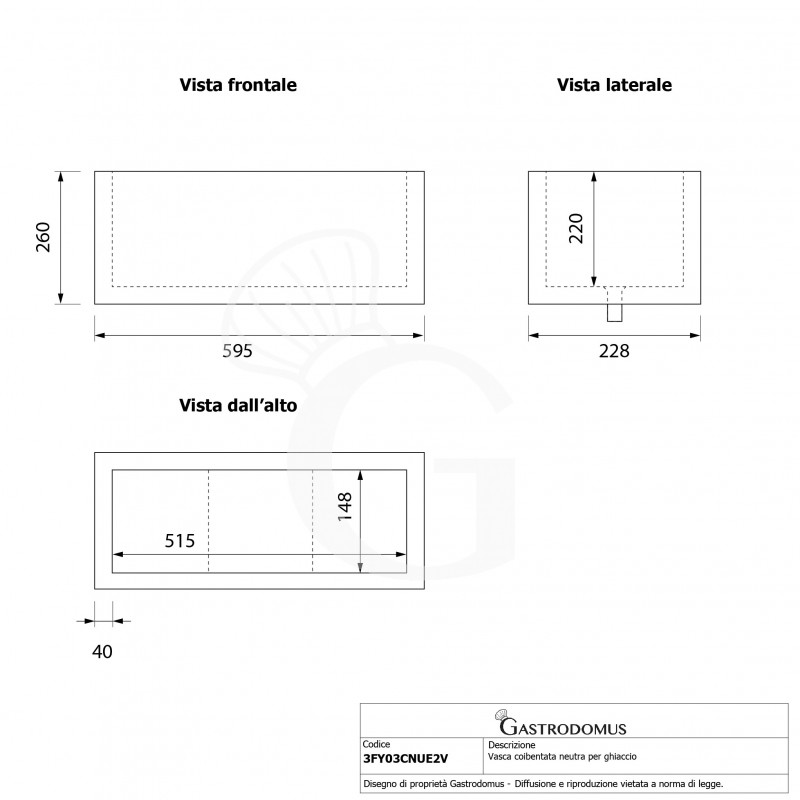 Vasca coibentata neutra per ghiaccio - L 228 x P 595 x H 260 mm
