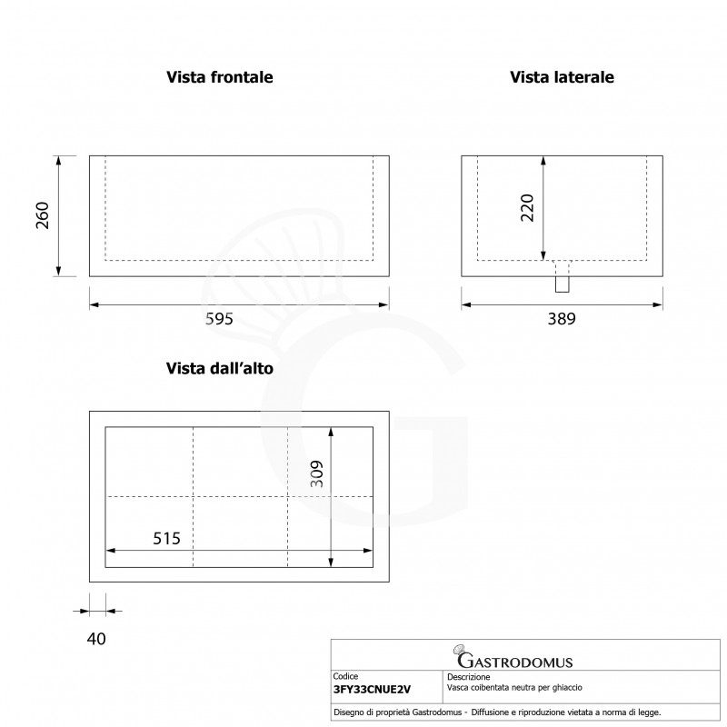 Vasca coibentata neutra per ghiaccio - L 389 x P 595 x H 260 mm