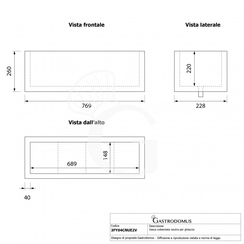Vasca coibentata neutra per ghiaccio - L 769 x P 228 x H 260 mm