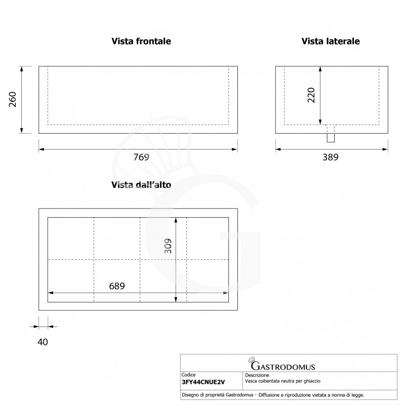 Vasca coibentata neutra per ghiaccio - L 769 x P 389 x H 260 mm