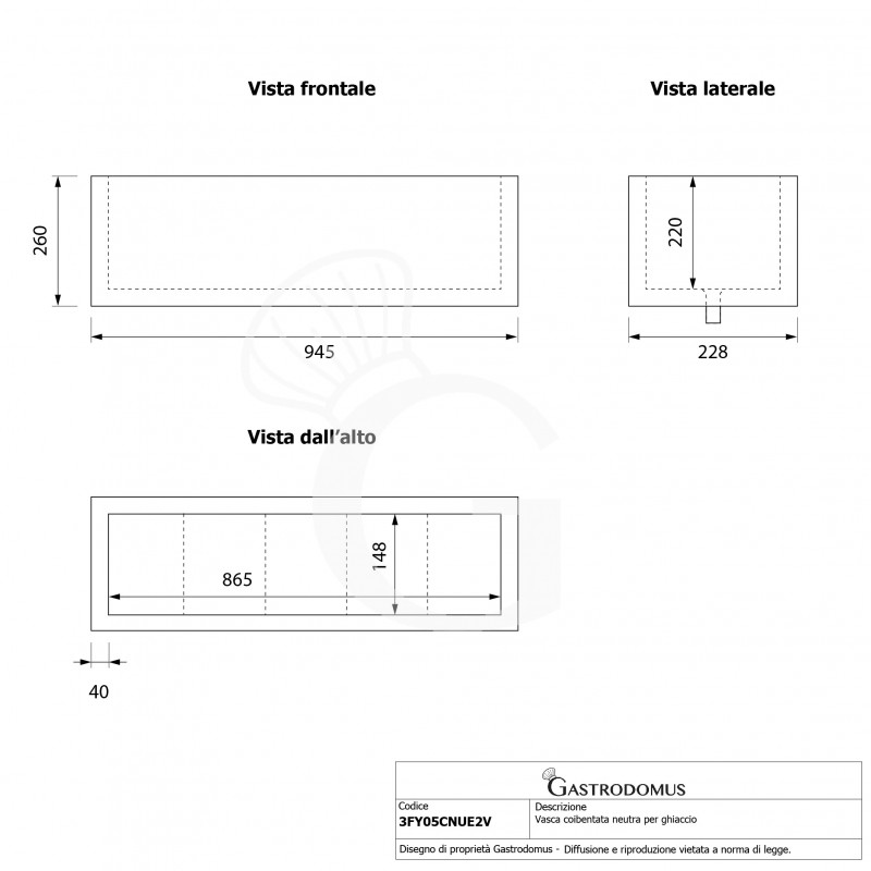 Vasca coibentata neutra per ghiaccio - L 945 x P 228 x H 260 mm
