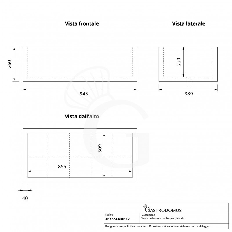 Vasca coibentata neutra per ghiaccio - L 945 x P 389 x H 260 mm