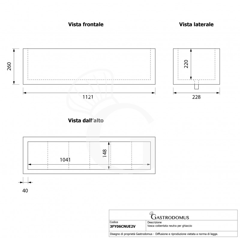 Vasca coibentata neutra per ghiaccio - L 1121 x P 228 x H 260 mm