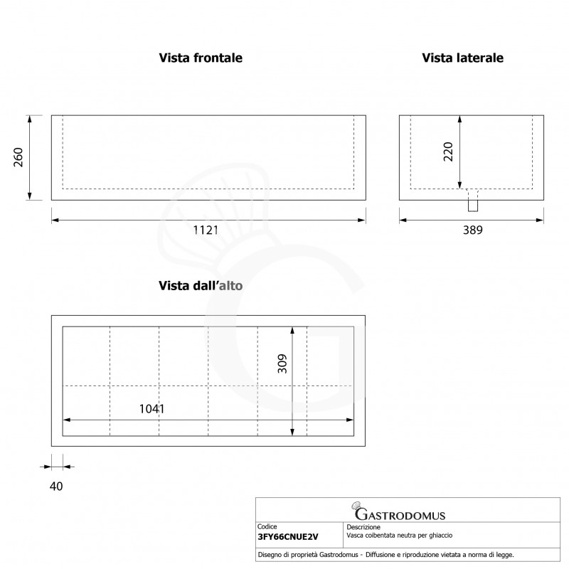 Vasca coibentata neutra per ghiaccio - L 1121 x P 389 x H 260 mm