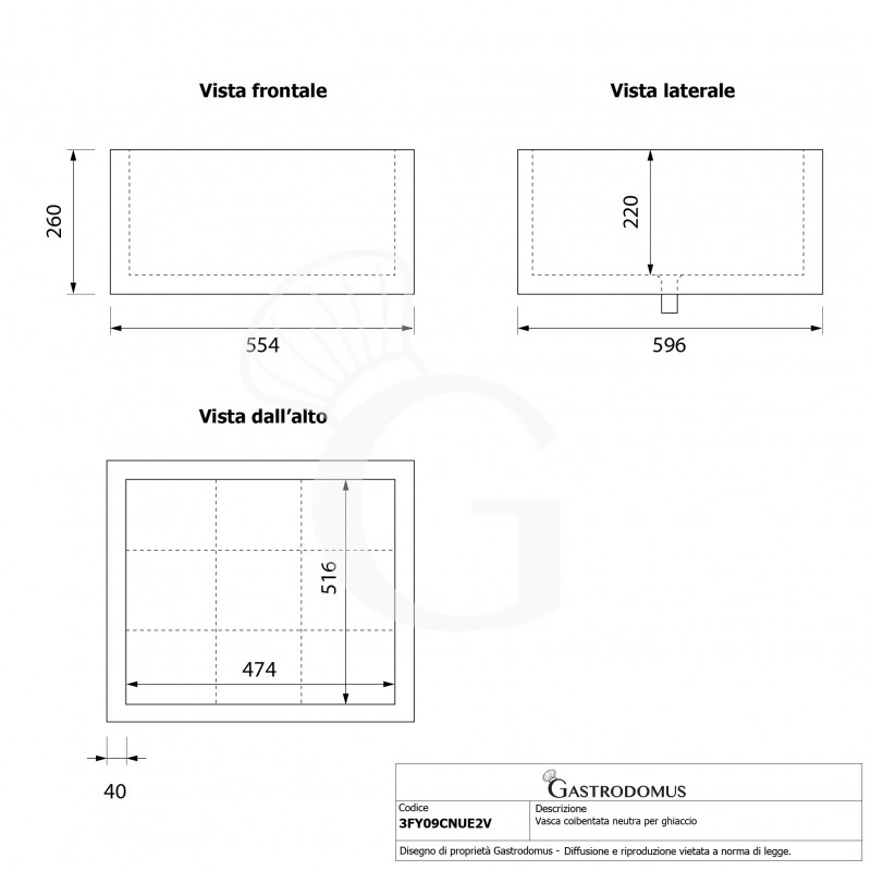 Vasca coibentata neutra per ghiaccio - L 554 x P 596 x H 260 mm