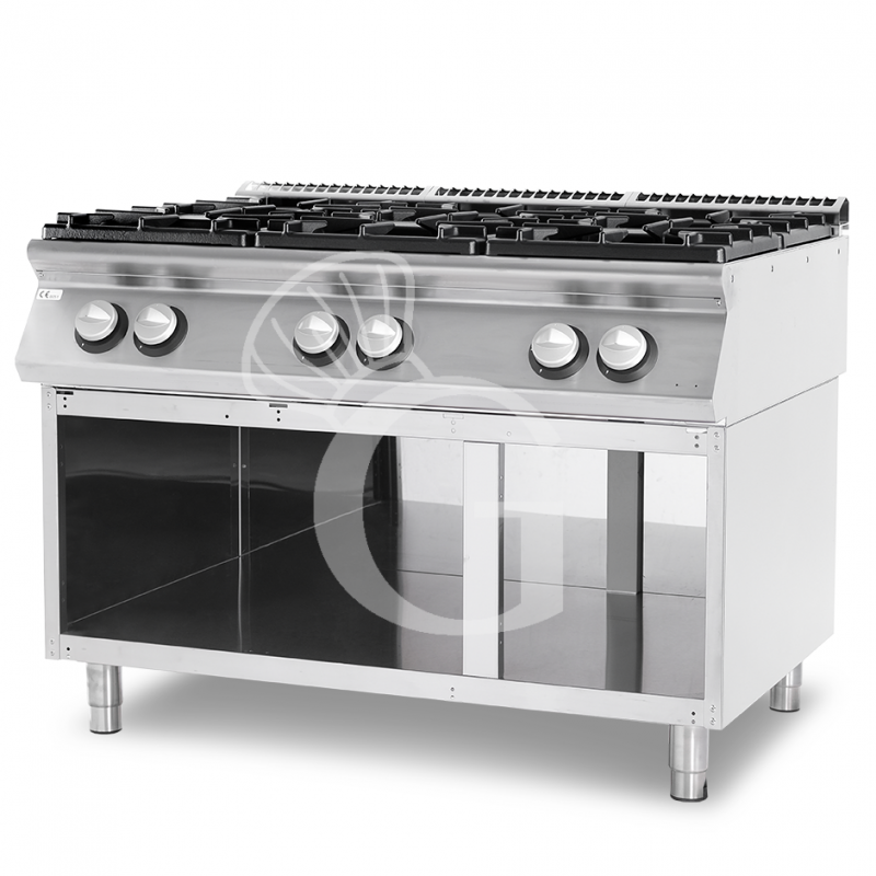 Cucina professionale a gas 6 fuochi armadio aperto profondità 900 mm
