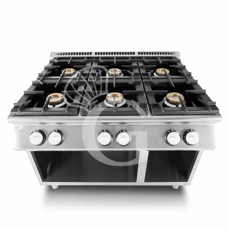 Cucina professionale a gas 6 fuochi armadio aperto profondità 900 mm