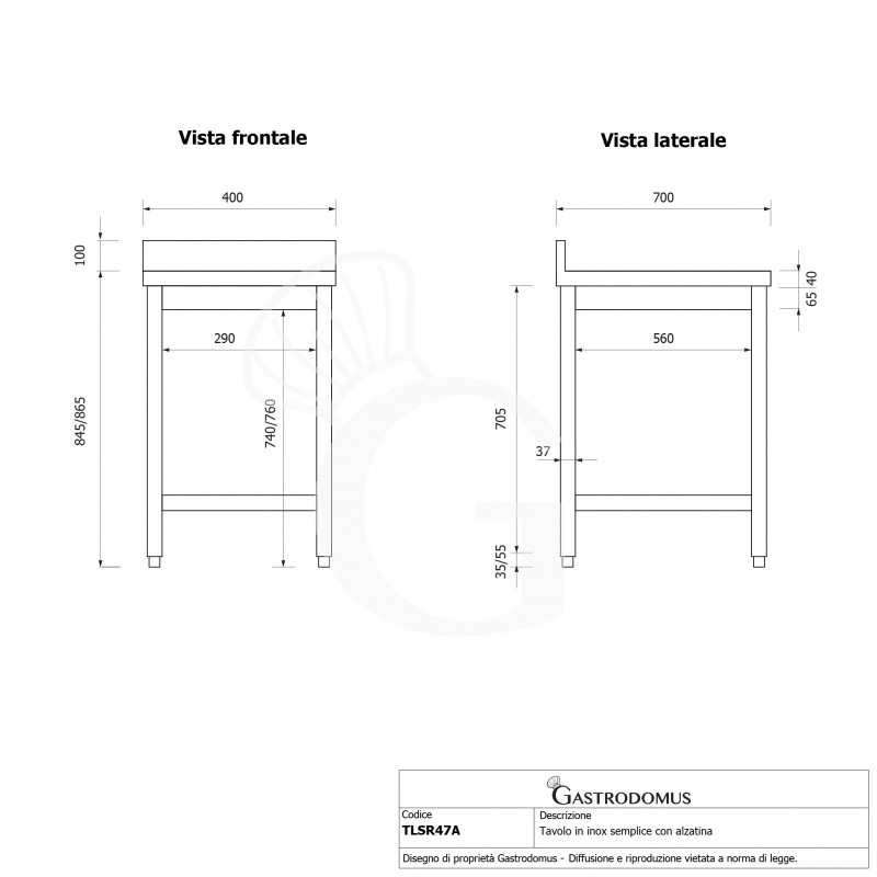 Tavolo inox con alzatina L 400 mm x P 700 mm x H 965 mm