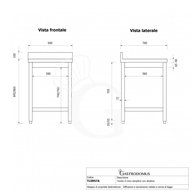 Tavolo inox con alzatina L 500 mm x P 700 mm x H 965 mm