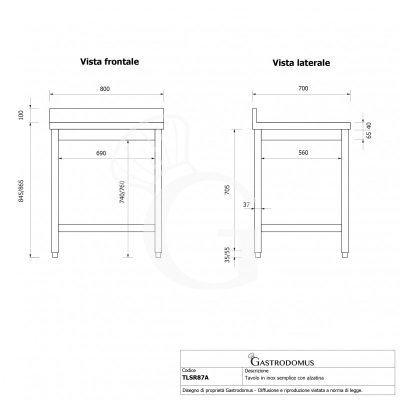 Tavolo inox con alzatina L 800 mm x P 700 mm x H 965 mm