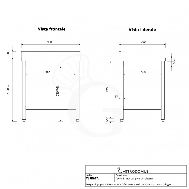Tavolo inox con alzatina L 900 mm x P 700 mm x H 965 mm