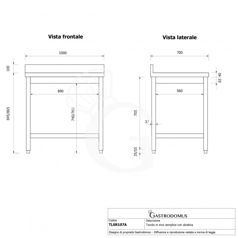 Tavolo inox con alzatina L 1000 mm x P 700 mm x H 965 mm