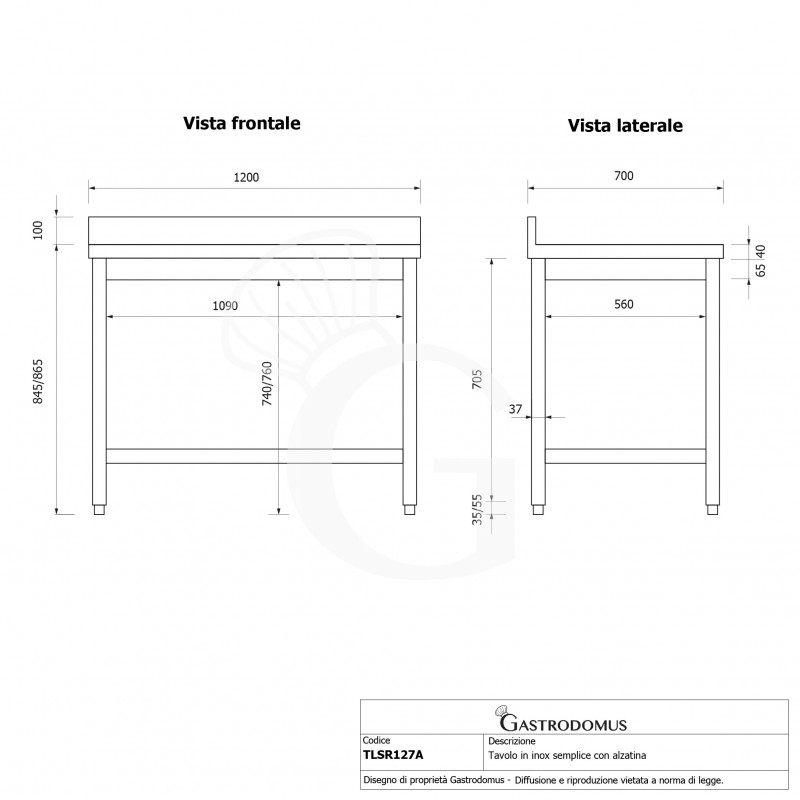 Tavolo inox con alzatina L 1200 mm x P 700 mm x H 965 mm