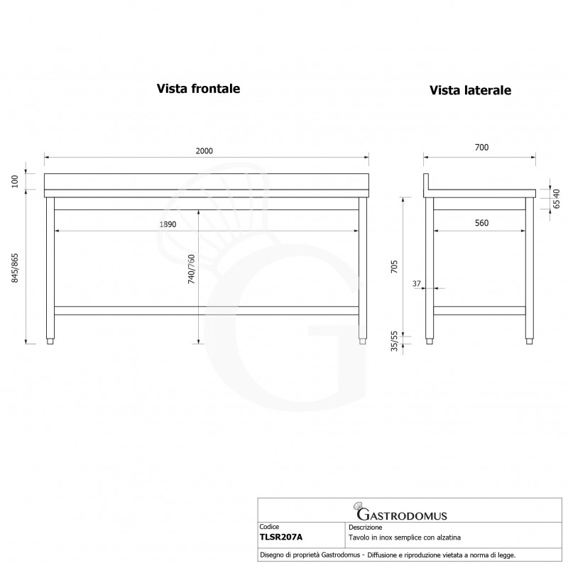 Tavolo inox con alzatina L 2000 mm x P 700 mm x H 965 mm