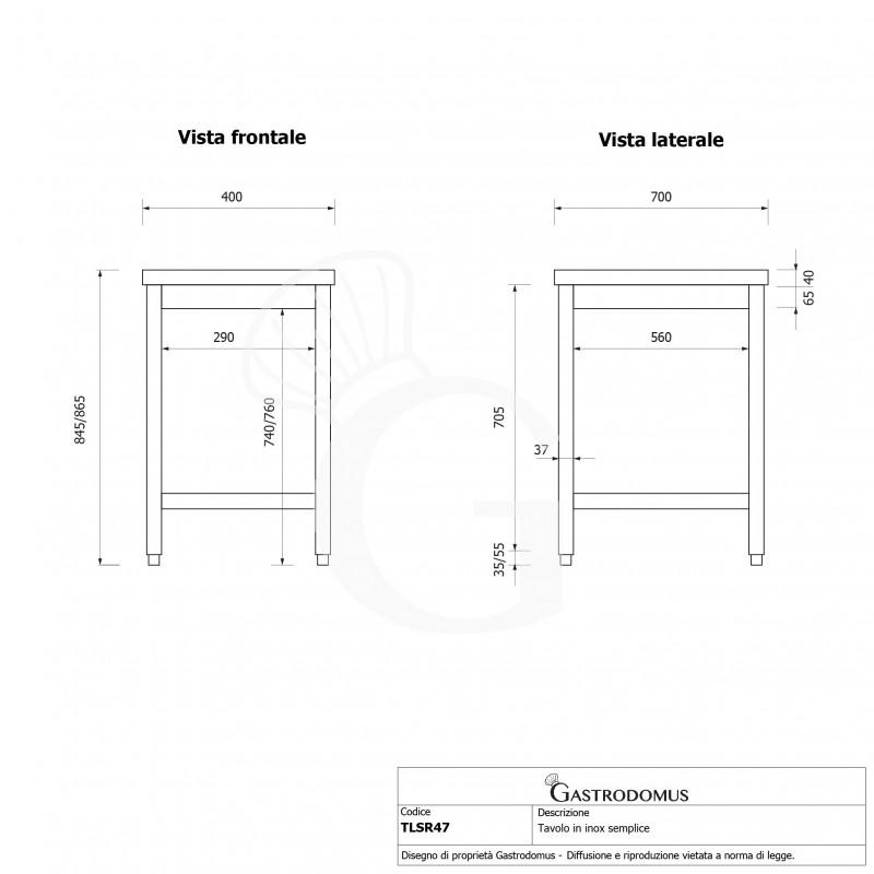 Tavolo inox L 400 mm x P 700 mm x H 850 mm