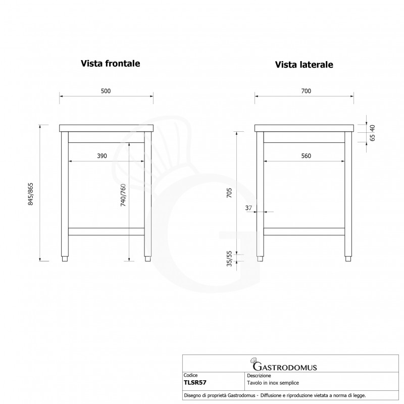 Tavolo inox L 500 mm x P 700 mm x H  865 mm