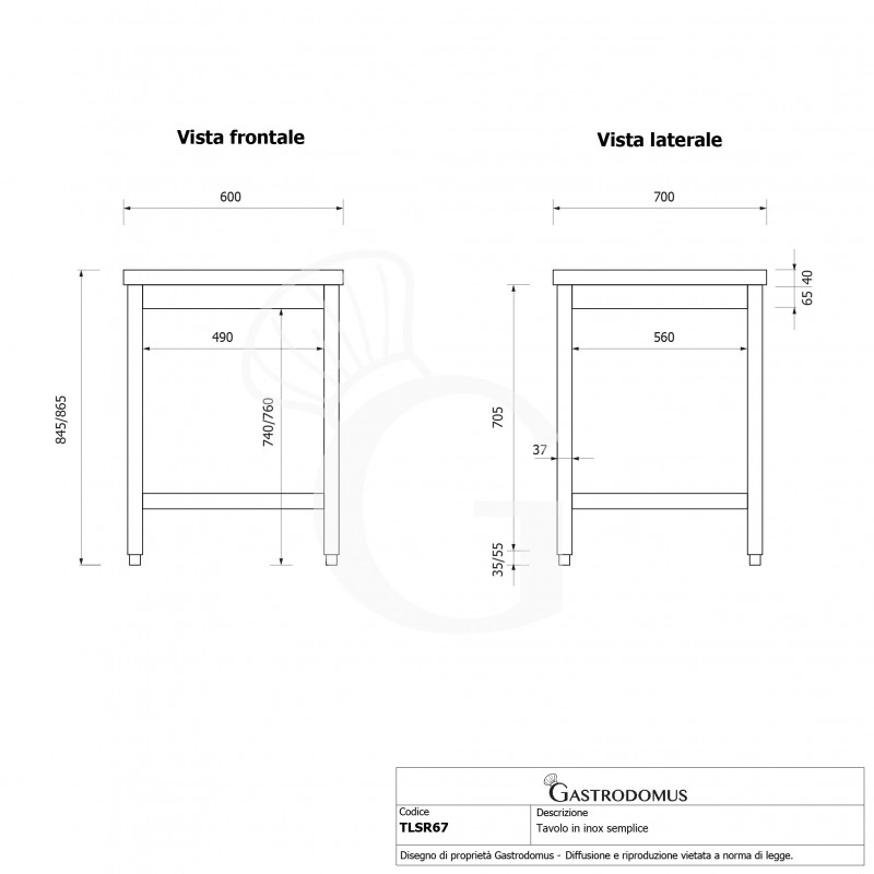 Tavolo inox L 600 mm x P 700 mm x H 865 mm