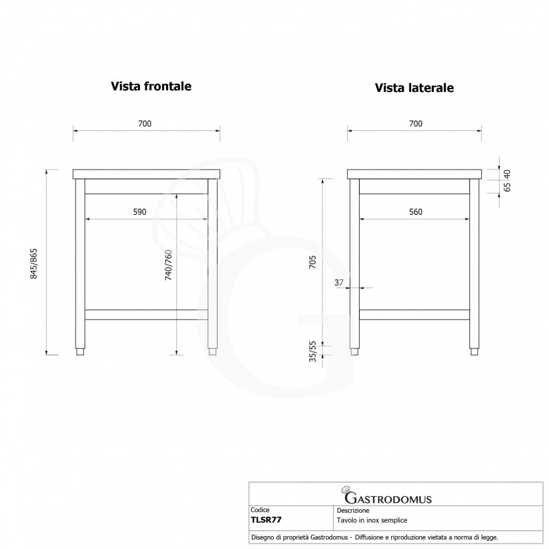 Tavolo inox L 700 mm x P 700 mm x H 865 mm