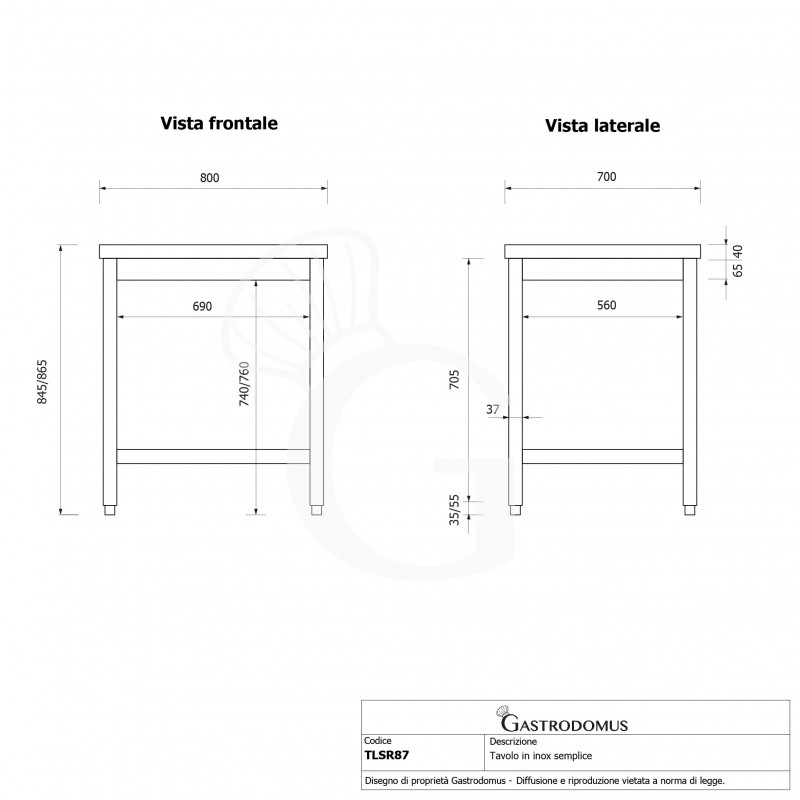 Tavolo inox L 800 mm x P 700 mm x H 865 mm