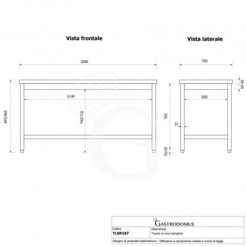 Tavolo inox L 1800 mm x P 700 mm x H 865 mm