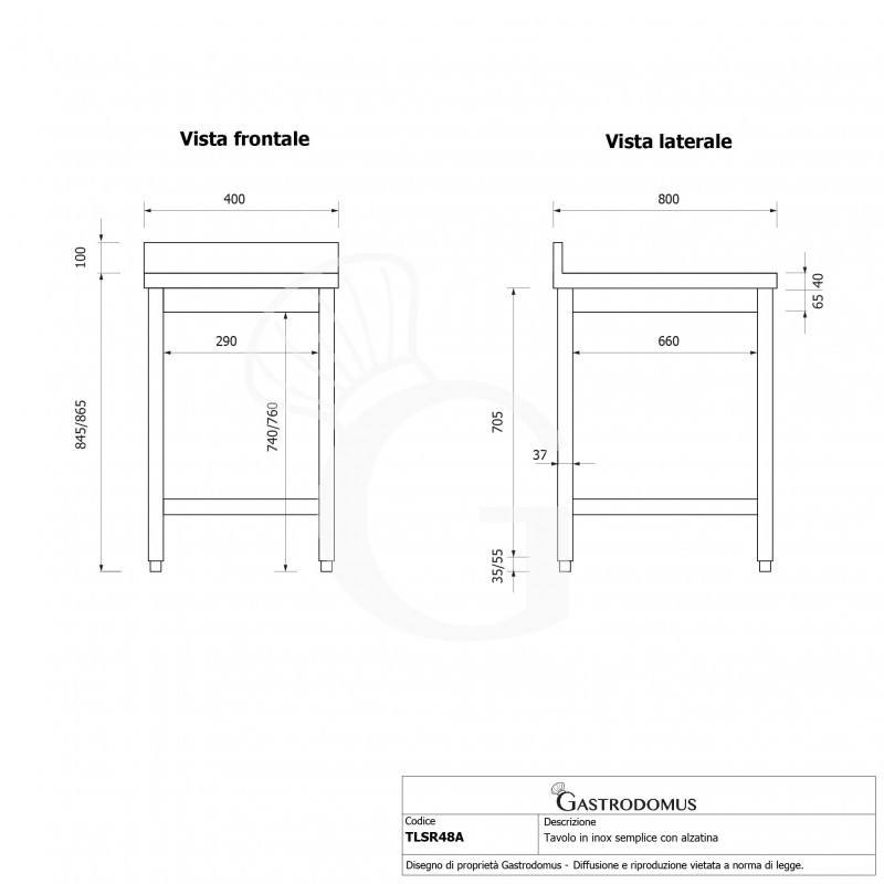 Tavolo inox con alzatina L 400 mm x P 800 mm x H 965 mm