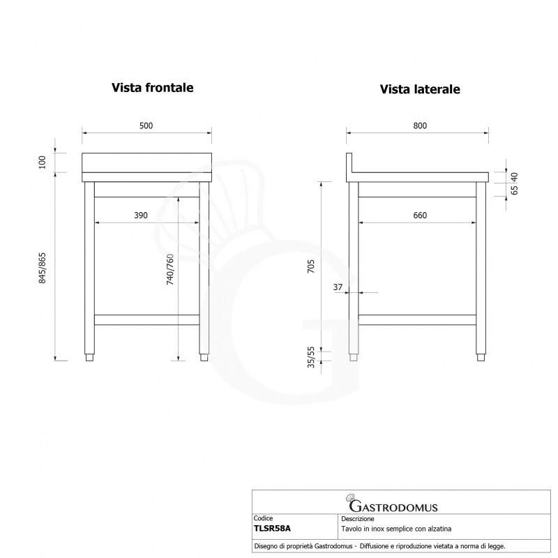 Tavolo inox con alzatina L 500 mm x P 800 mm x H 965 mm