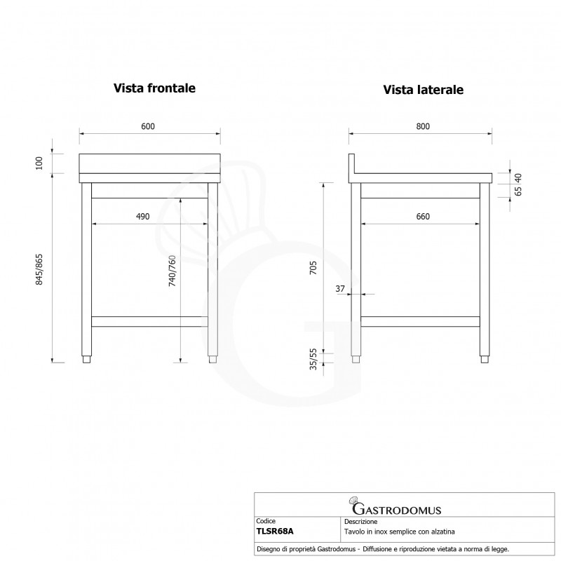 Tavolo inox con alzatina L 600 mm x P 800 mm x H 965 mm