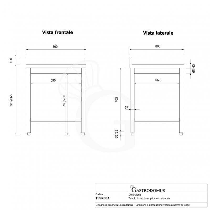 Tavolo inox con alzatina L 800 mm x P 800 mm x H 965 mm