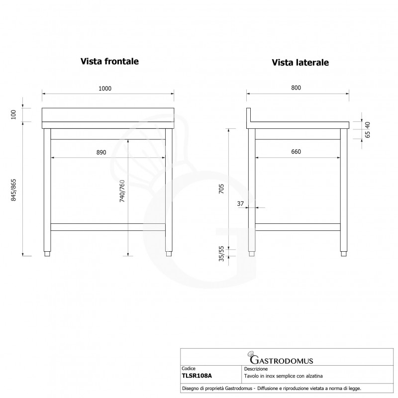 Tavolo inox con alzatina L 1000 mm x P 800 mm x H 965 mm