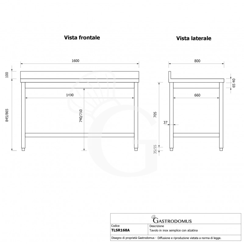 Tavolo inox con alzatina L 1600 mm x P 800 mm x H 965 mm