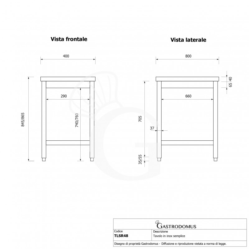 Tavolo inox L 400 mm x P 800 mm x H 865 mm