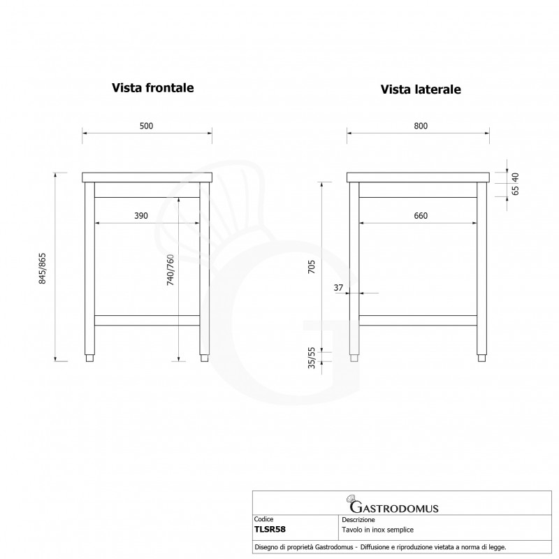 Tavolo inox L 500 mm x P 800 mm x H 865 mm