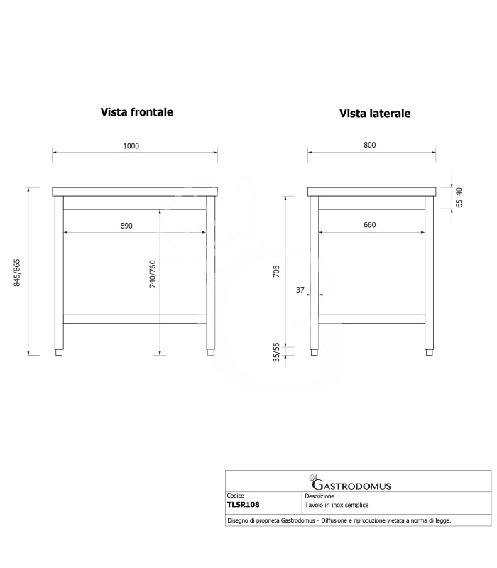 Tavolo inox L 1000 mm x P 800 mm x H 865 mm