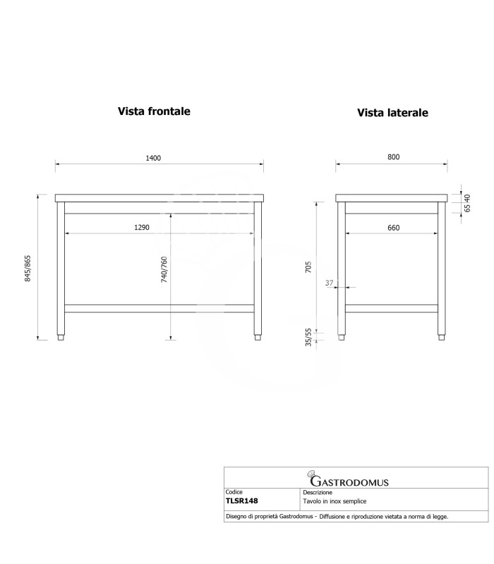 Tavolo inox L 1400 mm x P 800 mm x H 865 mm