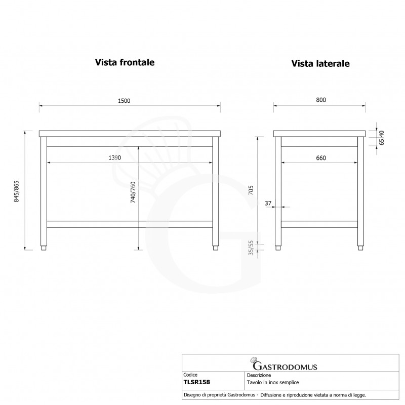 Tavolo inox L 1500 mm x P 800 mm x H 865 mm