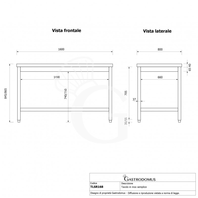 Tavolo inox L 1600 mm x P 800 mm x H 865 mm