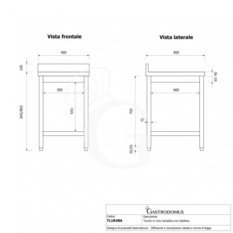Tavolo inox 1 ripiano alzatina L 400 mm x P 800 mm x H 965 mm