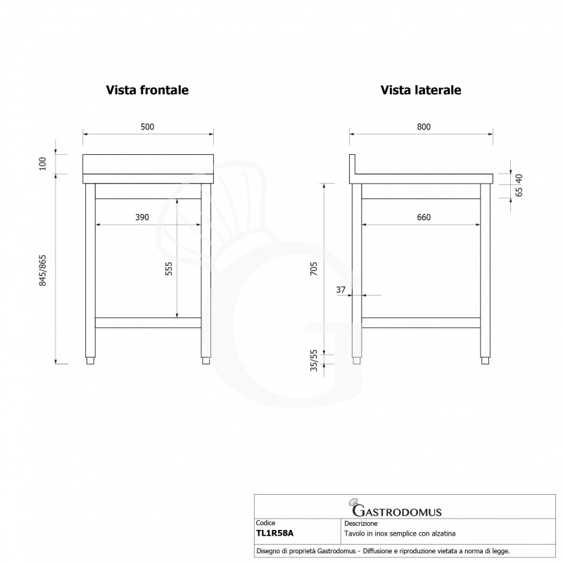 Tavolo inox 1 ripiano alzatina L 500 mm x P 800 mm x H 965 mm