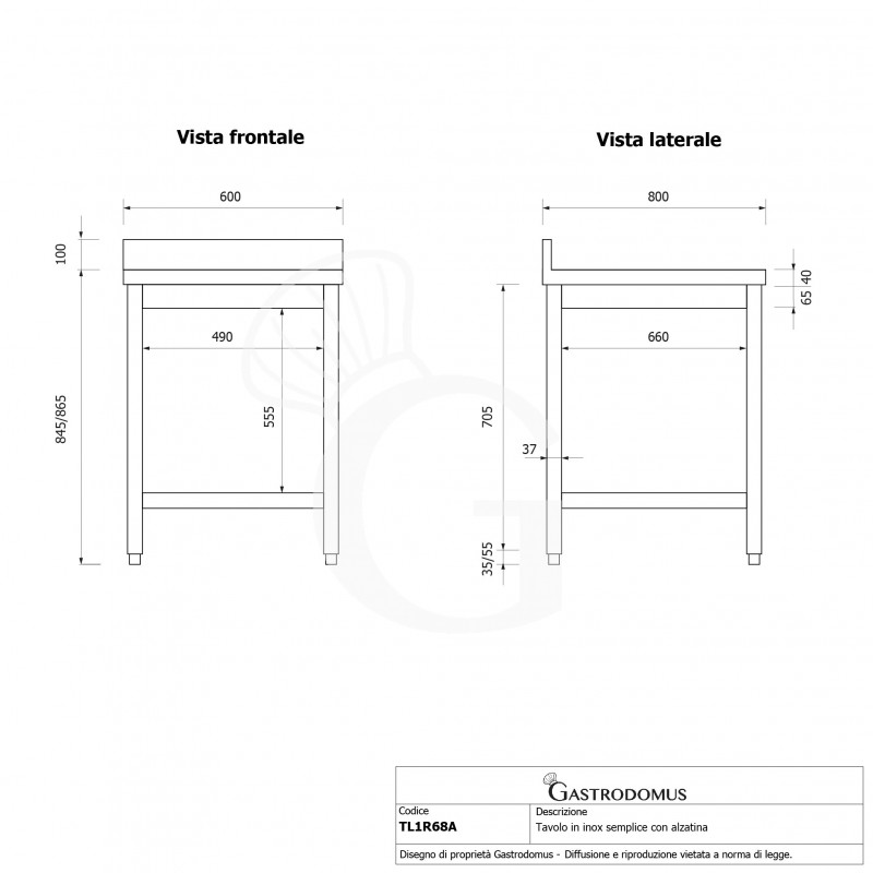 Tavolo inox 1 ripiano alzatina L 600 mm x P 800 mm x H 965 mm