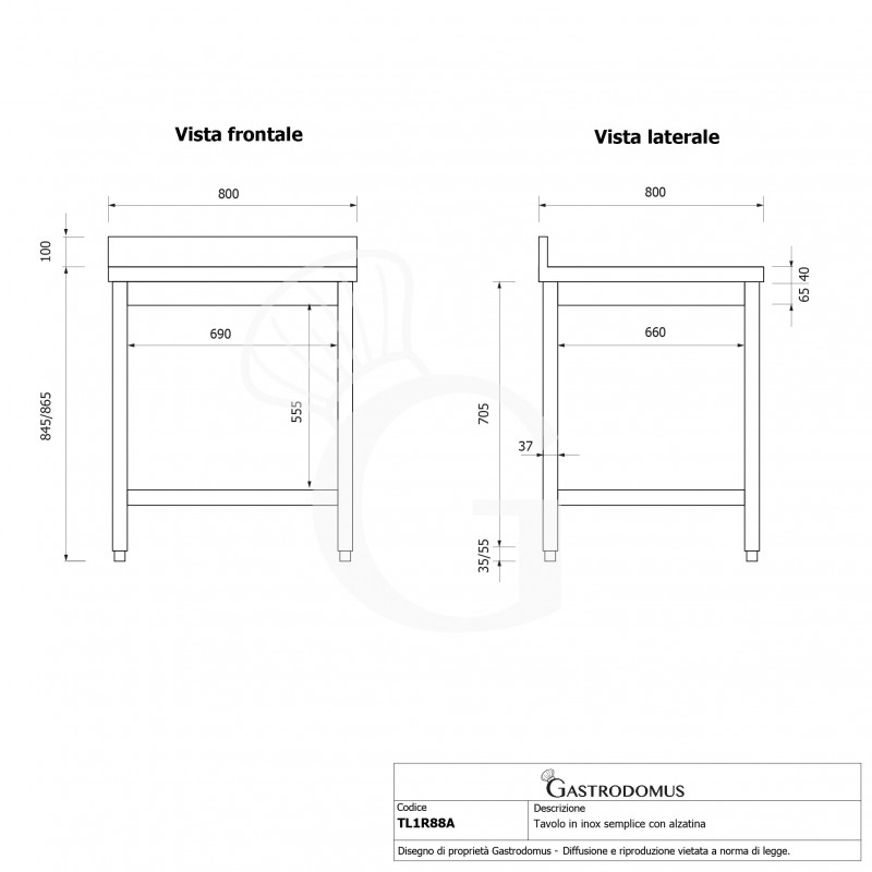 Tavolo inox 1 ripiano alzatina L 800 mm x P 800 mm x H 965 mm