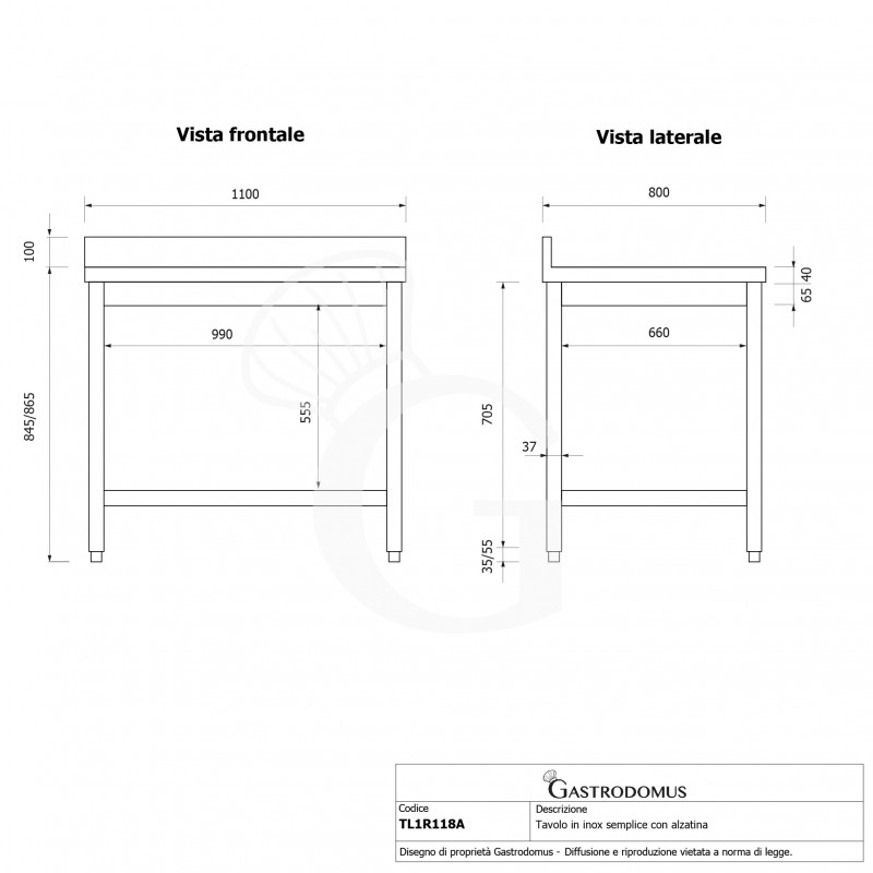 Tavolo inox 1 ripiano alzatina L 1100 mm x P 800 mm x H 965 mm