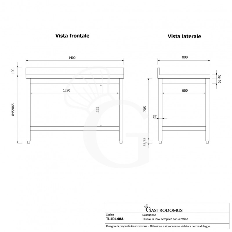 Tavolo inox 1 ripiano alzatina L 1400 mm x P 800 mm x H 965 mm